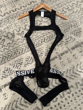 Black mesh Cutout Bodysuit strappy mens size small Andrew Christian